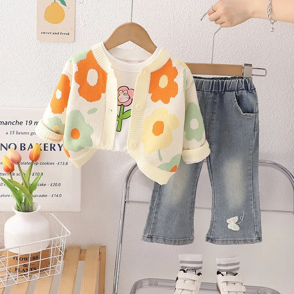 Girls Knitted Printed Sweater With T-shirt And Jeans