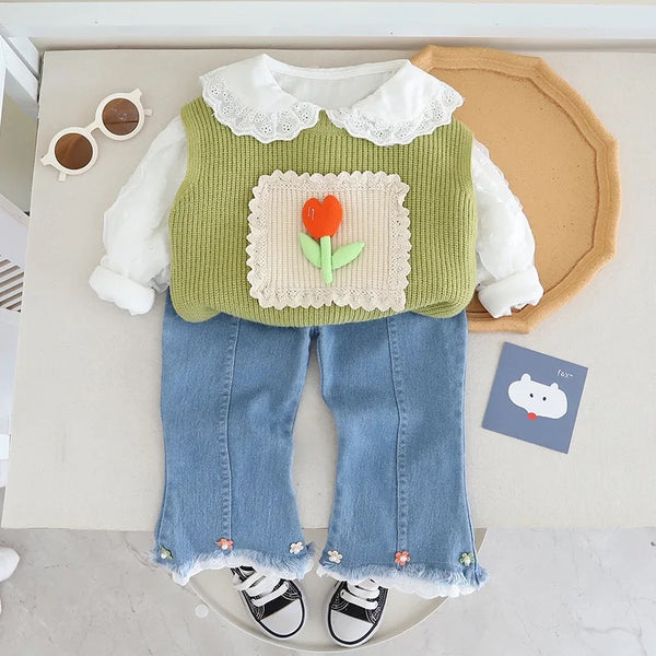 Girls Knitted Sweater With Top And Jeans 3 Pcs Set