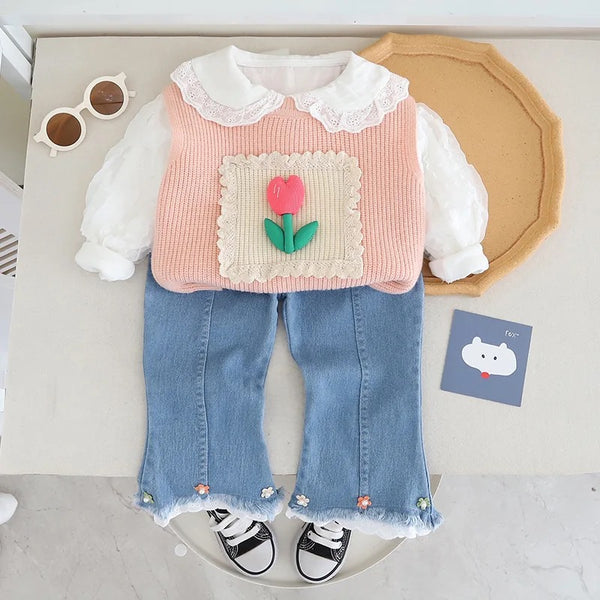 Girls Knitted Sweater With Top And Jeans 3 Pcs Set