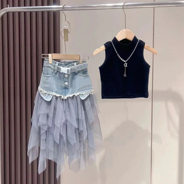 Girls Black Top And Denim Mesh Patchwork Frill Skirt 2 Pcs Set