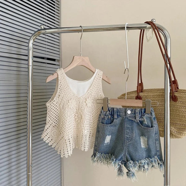 Girls Knitted Crochet Top With Inner And Rugged Denim Shorts 3Pcs Set