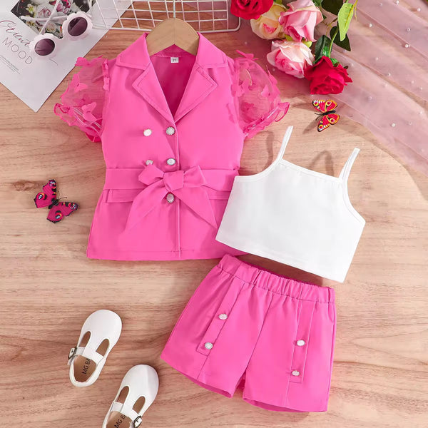 Girls Pink Chic 3-Piece Set with Bow Blazer, White Crop Top & Shorts