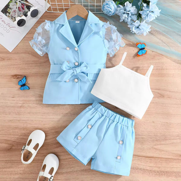 Girls Blue Chic 3-Piece Set with Bow Blazer, White Crop Top & Shorts
