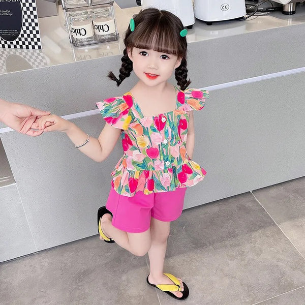 Girls Floral Printed Top And Shorts 2 Pcs Set