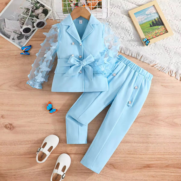 Girls Blue 3D Butterfly Jacket And Pants 2 Pcs Set