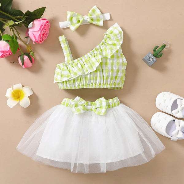 Baby Girl Stylish Ruffled Plaid Top Skirt And Headband