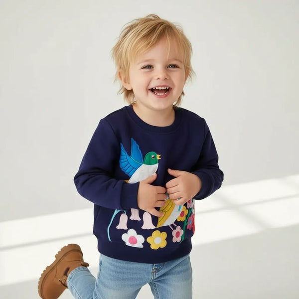 Girls Navy Blue Cute Bird Applique work Sweatshirt TrendyKid