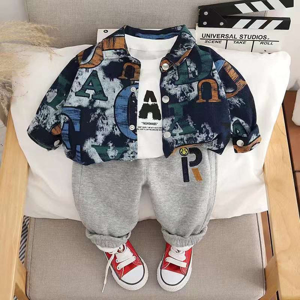 Boys 3 Pcs Set Stylish Printed Shirt, T-shirt And Jogger