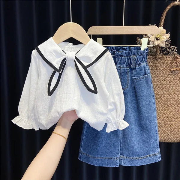 Girls Summer White Top With Wide Jeans 2Pcs Set
