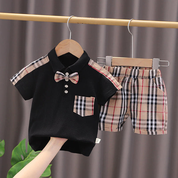 Boys Black T-shirt with Checkered Shorts and Bow Set