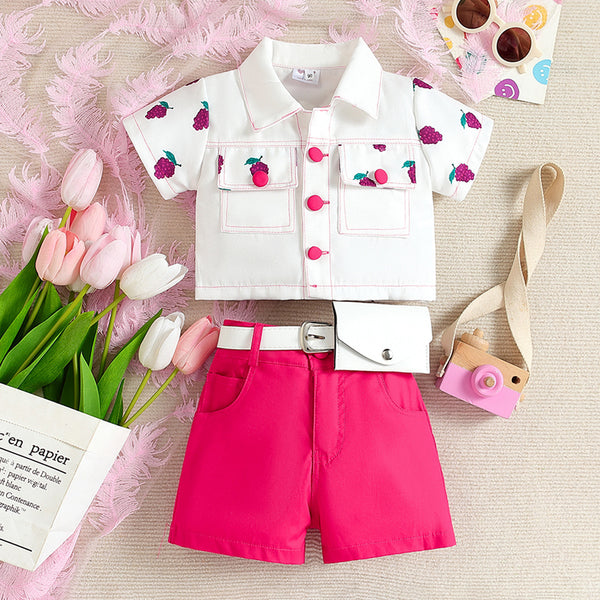 Girls White Shirt With Pink Shorts and Waist Bag 3 Pcs Set