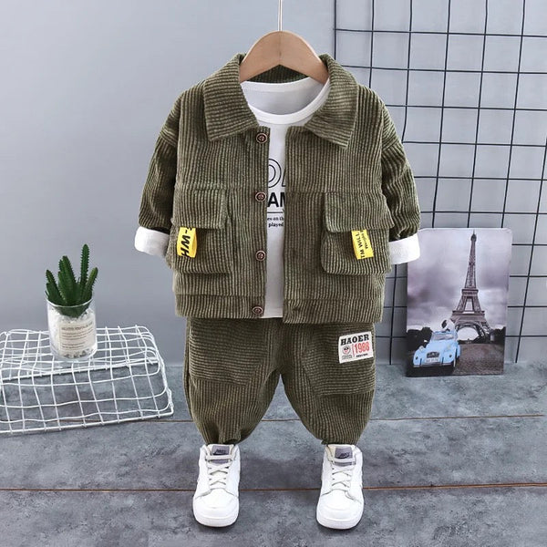 Boys Green Corduroy Co-ord Set With T-shirt