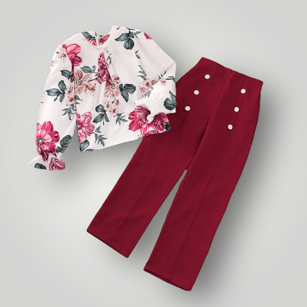 Girls Floral Printed Top And Red Pant 2 Pcs Set