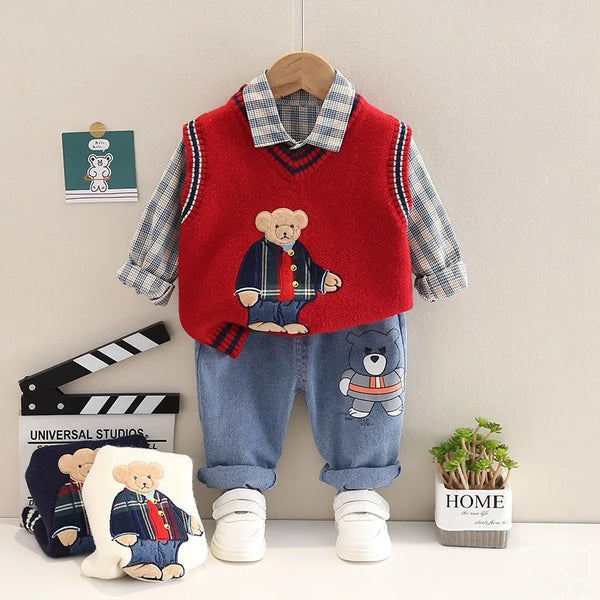 Boys Checkered Shirt, Sweater and Jeans Set