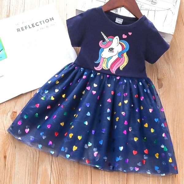 Girls Princess Unicorn multicoloured shiny hearts blue dress