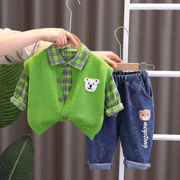 Boys Checkered Shirt, Jeans and Green Sweater Set