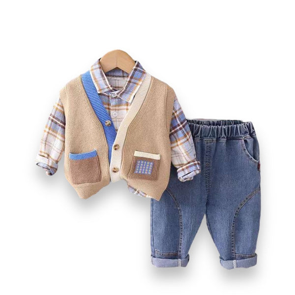 Boys Checkered Shirt Designer Sweater And Jeans 3Pcs Set