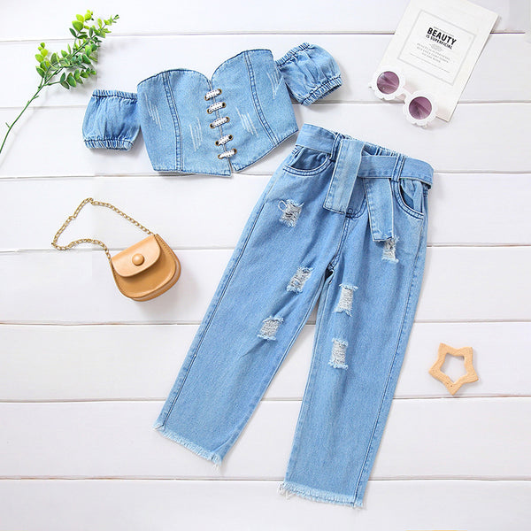 Girls Blue Denim Off-Shoulder Crop Top With Jeans