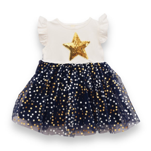 Girls Shiny Star White & Navy Blue Party Princess Dress