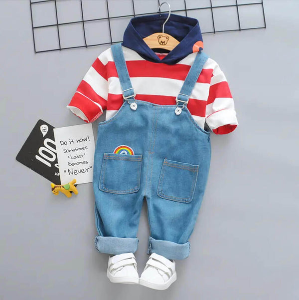 Boys Striped Red T-shirt with Blue Dungaree Set