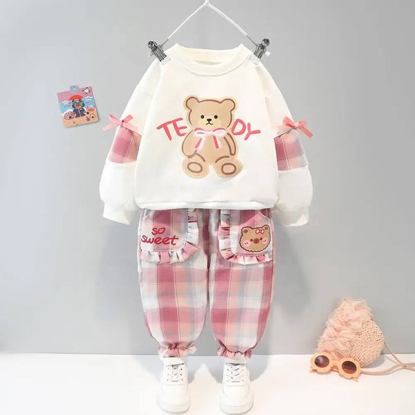 Girls Teddy Sweatshirt & Plaid Jogger Set