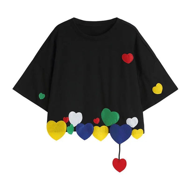Girls Black colorful Heart Patch Short Sleeves T-shirt