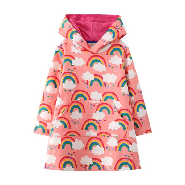 Girls Pink Rainbow Hoodie Trendy Dress