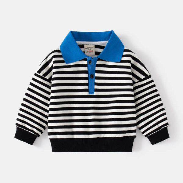 Boys Black & White striped Polo Blue Collar T-Shirt