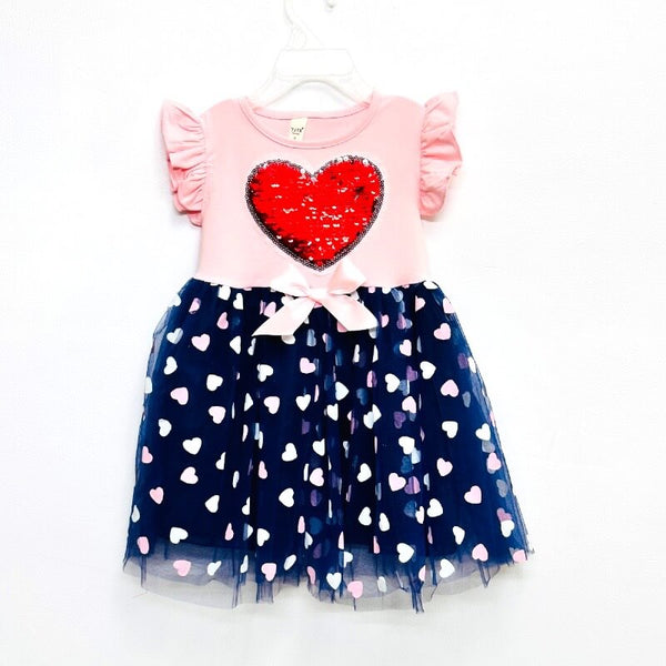 Girls Beautiful Shiny Heart Motif Frill Party Dress