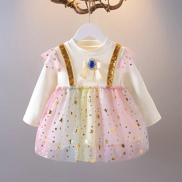 Girls Party Shiny Stars Multicolored Princess full Sleeves Dress