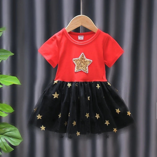 Girls Sparkling Star Black & Red Mesh Dress