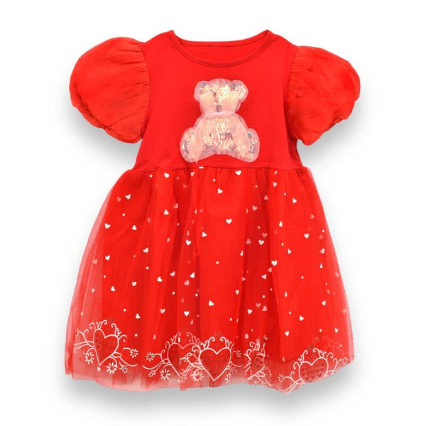 Girls Beautiful Red Dress with Shiny Teddy Patchwork Frill Party Dress