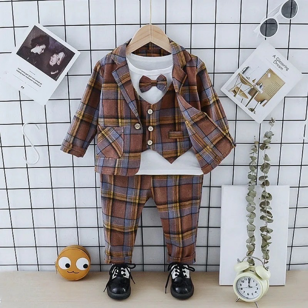 Boys Brown Checkered Formal Suit