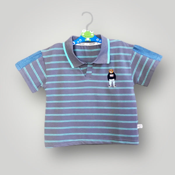 Boys Grey & Blue Striped Polo Collar T-shirt