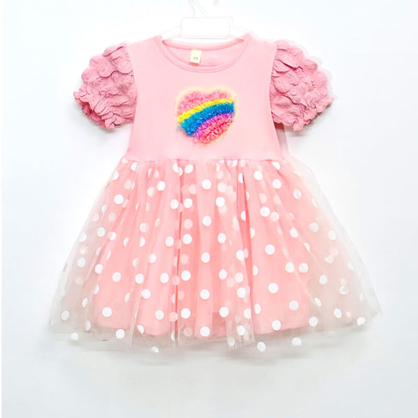 Girls Rainbow Heart Pink Frill Dress