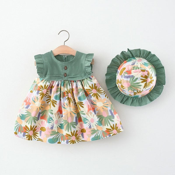 Beautiful Summer Green floral Print Dress with Hat