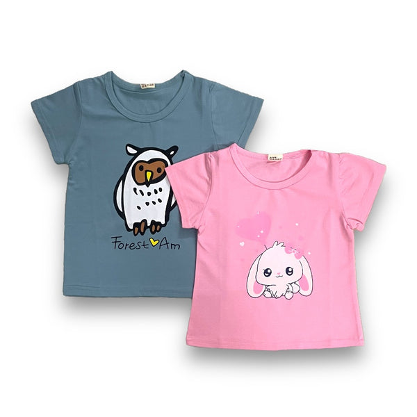 Girls summer pack Of 2 combo T-shirt set grey & pink t-shirt