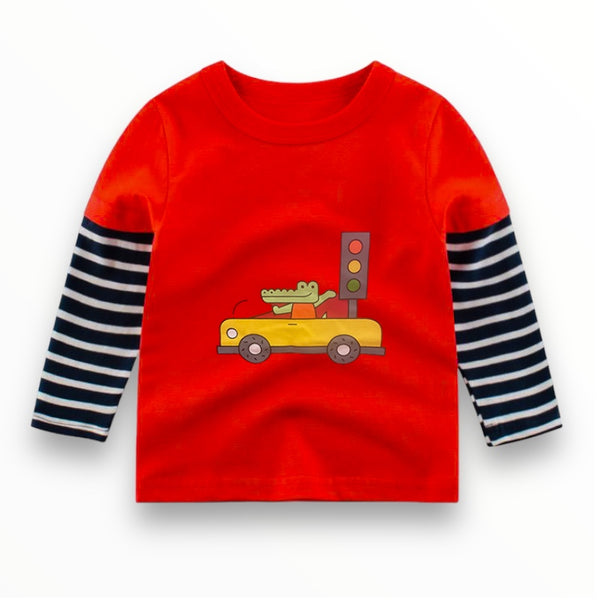 Boys red t-shirt with black and white striped full sleeves