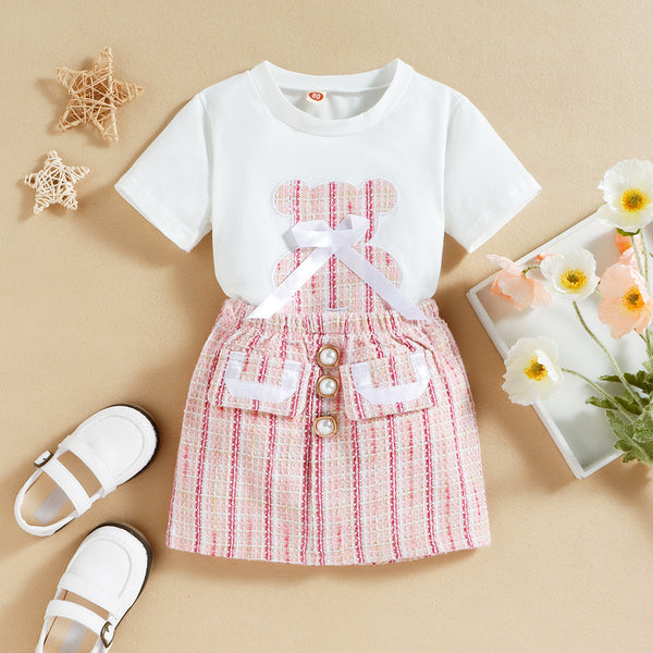 Girls White T-shirt & Pink Tweed Skirt Set